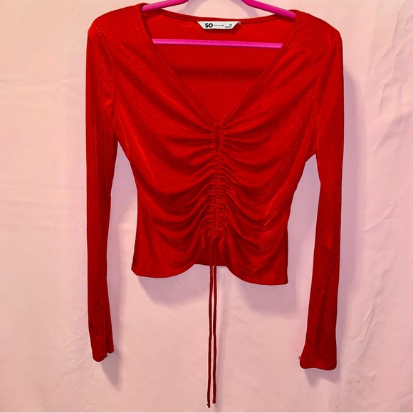 Cherry Red Front Tie Top Adjustable Ruched Long sleeve SO Goods for Life Medium - Picture 2 of 7
